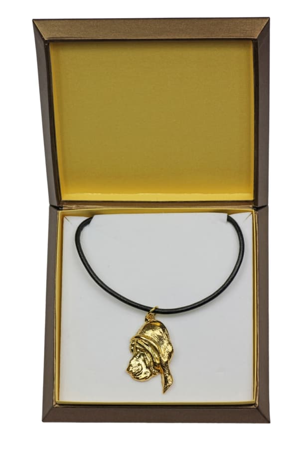 Blodhund, helgons hund Huberta - halsband med en hund i presentask, guldpläterat hänge för en hundfantast, iögonfallande Art-Dog-smycken