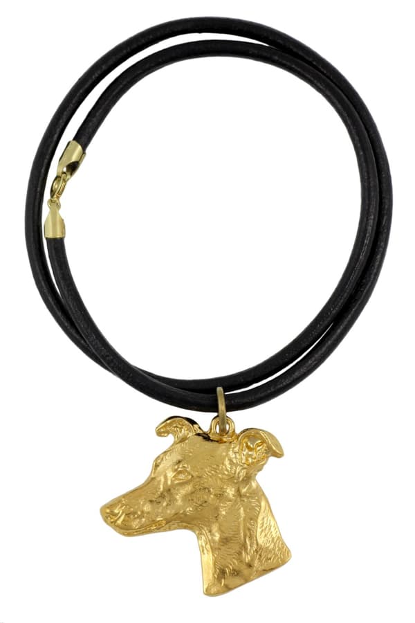Whippet, engelsk vinthund - halsband med en hund i presentförpackning, guldpläterat hänge för en hundfantast, iögonfallande Art-Dog-smycken