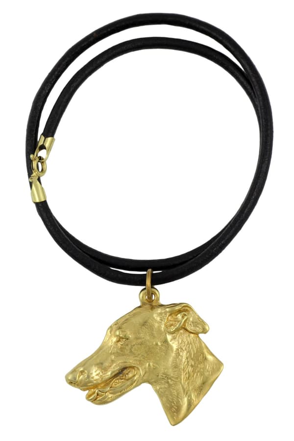 Greyhound, engelsk vinthund - halsband med en hund i presentask, guldpläterat hänge för en hundfantast, iögonfallande Art-Dog-smycken
