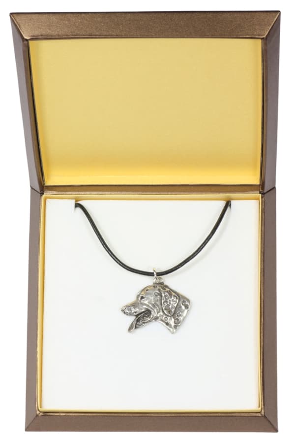 Dalmatian, Dalmatian Pointer - halsband med en hund i presentask, silverpläterad medaljong för en hundfantast, iögonfallande Art-Dog-hänge