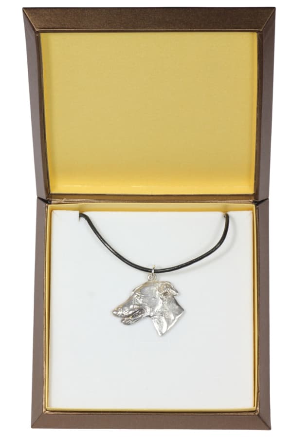 Greyhound, engelsk vinthund - halsband med en hund i presentförpackning, silverpläterad medaljong för en hundfantast, iögonfallande Art-Dog-hänge