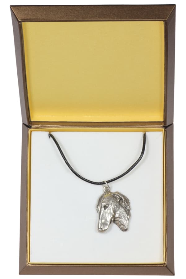 Afrikansk vinthund, Azawakh II - halsband med en hund i presentask, silverpläterad medaljong för en hundfantast, iögonfallande Art-Dog-hänge