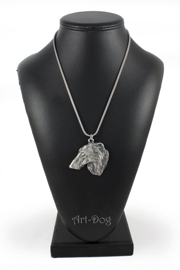 Russian Borzoi, Borzoi, Barzoi - kaulakoru koiralla, koirariipus hopeaketjussa, ainutlaatuiset Art-Dog korut