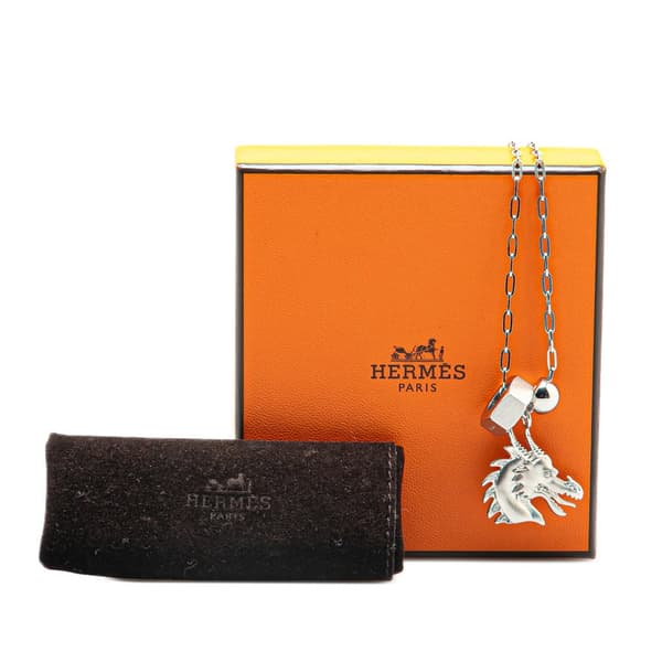 Pre-owned Hermès Palladium Plated Talismans Dragon H Pendant Necklace Silver