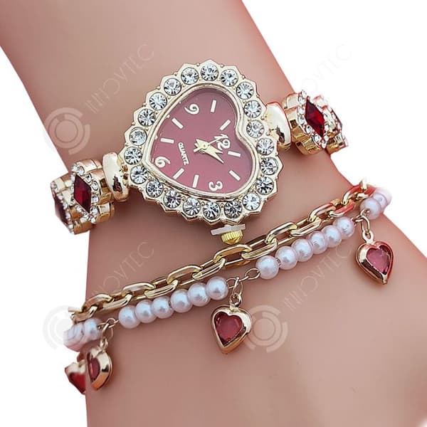 INN Damklocka hjärtformad klocka och armband set med zirkon elegant smyckesset semesterpresenter kvartsklocka