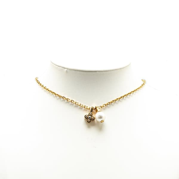 Pre-owned Louis Vuitton Gold Plated Damier Monogram Charm Faux Pearl Pendant Necklace Gold