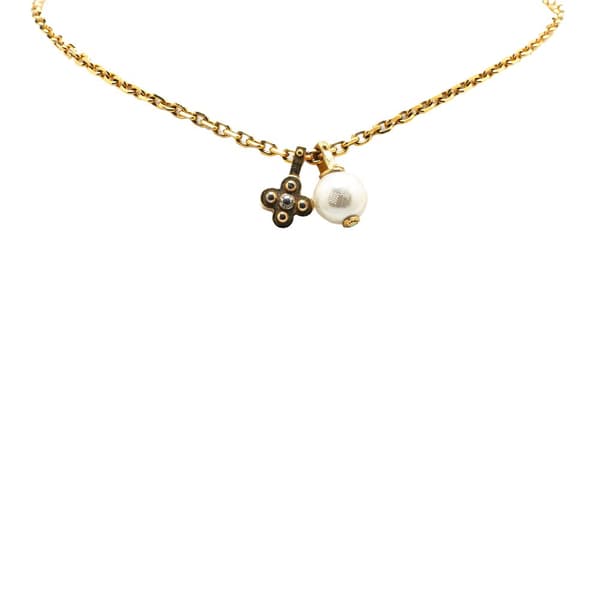 Pre-owned Louis Vuitton Gold Plated Damier Monogram Charm Faux Pearl Pendant Necklace Gold