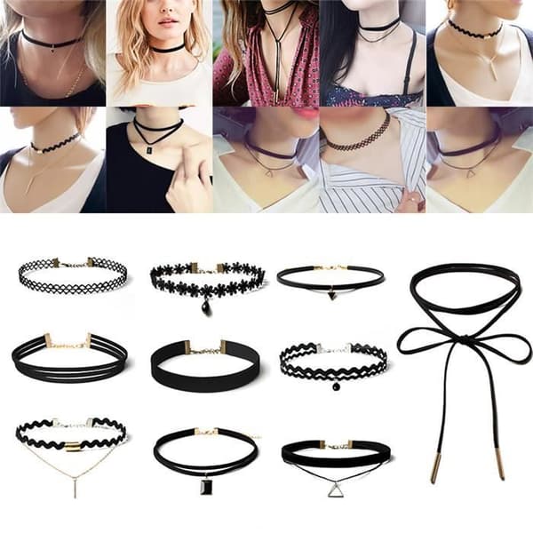 Chokerhalsband - Billigt - 10 st - Sammet - Svart - Dam