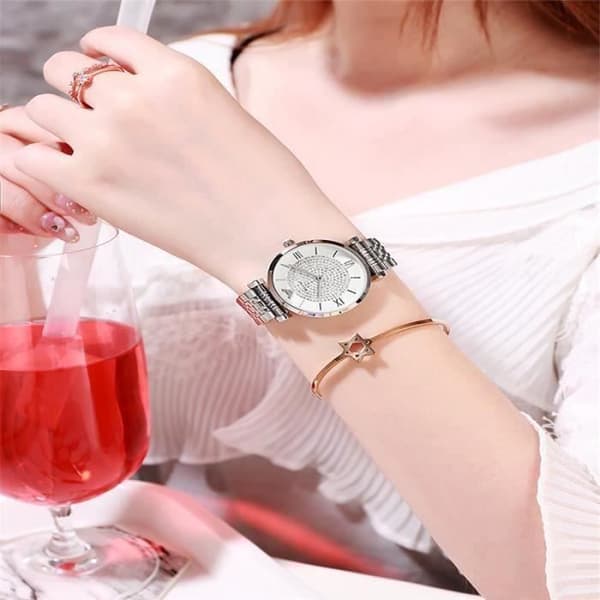 Damklocka + halsband + örhängen + armband + ring + smyckesset för damer, julklapp