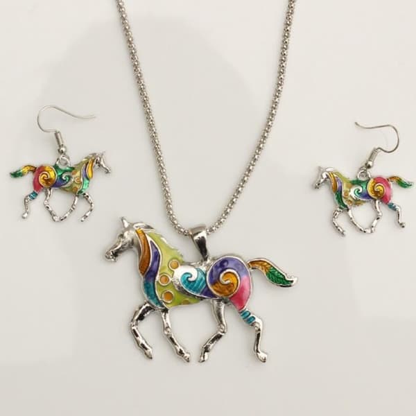 Smyckesset - SILVER - Färgglad Enhörningshäst - Hänge 7x4,5cm - Halsband 47cm - Örhängen 2x3cm