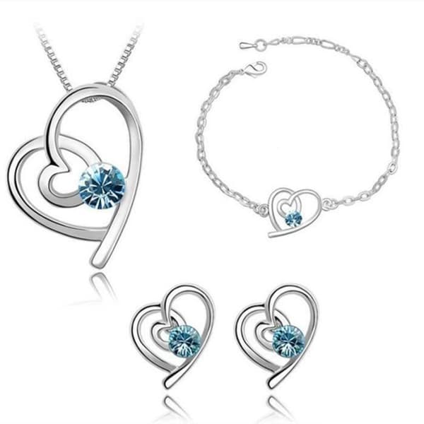 BLÅ genombrutna hjärthänge set med strass Elegant smyckesset Halsband Örhängen Armband Present Kvinna Flicka M0486