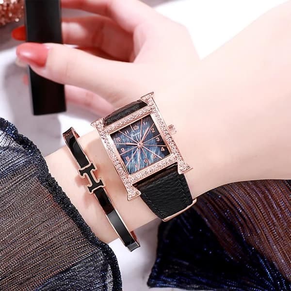 TD® presentset för damklocka-Vattentät-örhängen+ring+halsband-armband+läderkvartsklocka bra kvalitet set guld