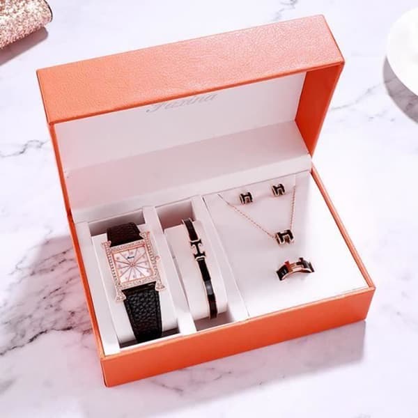 TD® presentset för damklocka-Vattentät-örhängen+ring+halsband-armband+läderkvartsklocka bra kvalitet set guld