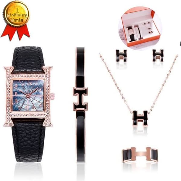 TD® presentset för damklocka-Vattentät-örhängen+ring+halsband-armband+läderkvartsklocka bra kvalitet set guld