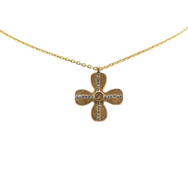 Pre-owned Chanel Gold Plated Rhinestones Clover Pendant Necklace Gold