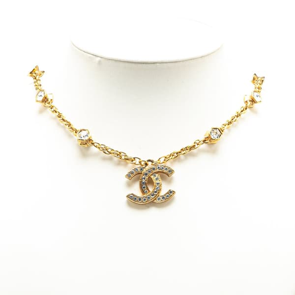 Pre-owned Chanel Gold Plated CC Rhinestones Pendant Necklace Gold