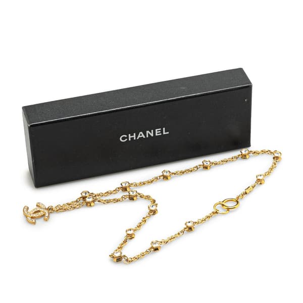 Pre-owned Chanel Gold Plated CC Rhinestones Pendant Necklace Gold
