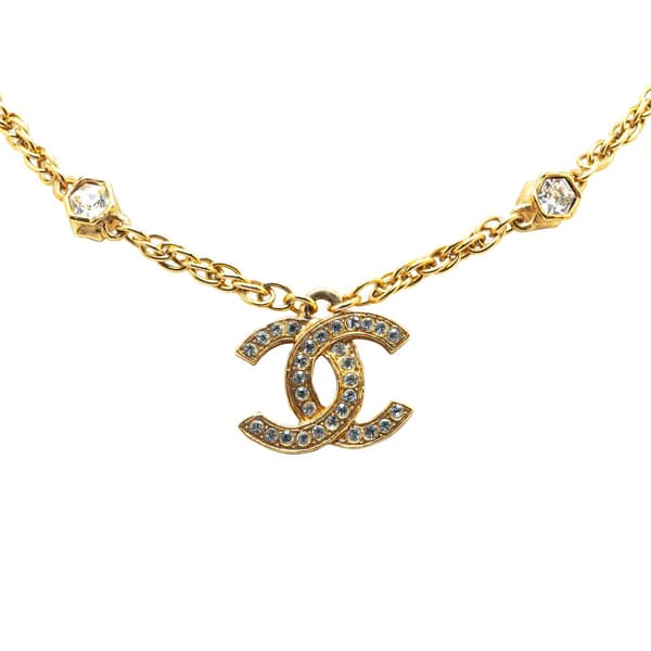 Pre-owned Chanel Gold Plated CC Rhinestones Pendant Necklace Gold