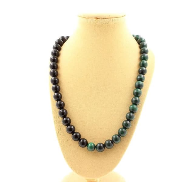 Halsband - En Bijoux - Malakit från Kongo 7A - Svart agat 8 mm - Rostfritt stål - 45 cm