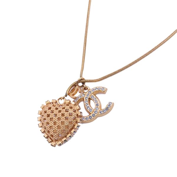 Pre-owned Chanel Gold Plated CC Heart Rhinestones Pendant Long Necklace Gold