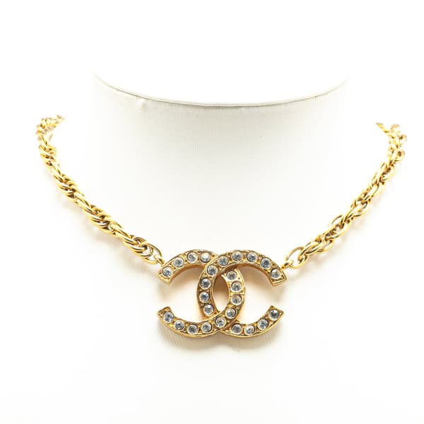 Pre-owned Chanel Gold Plated CC Rhinestones Pendant Necklace Gold