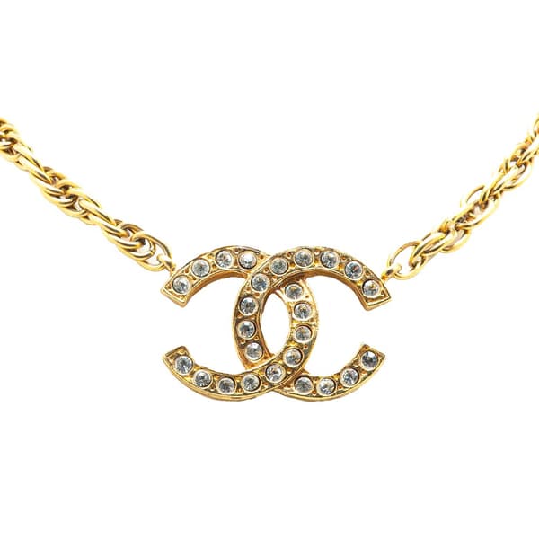 Pre-owned Chanel Gold Plated CC Rhinestones Pendant Necklace Gold