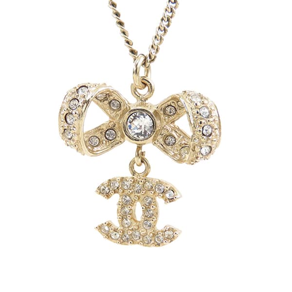 Pre-owned Chanel Gold Plated CC Bow Crystal Pendant Necklace Gold