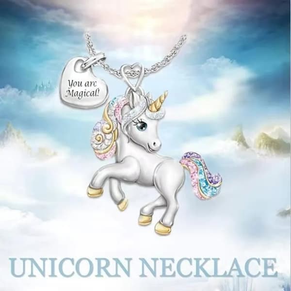 Olet maaginen yksisarvinen kaulakoru naisille Lady Unicorn riipus kaulakoru lasten päivä lahja värikäs vaaleanpunainen violetti ja sininen kristalli