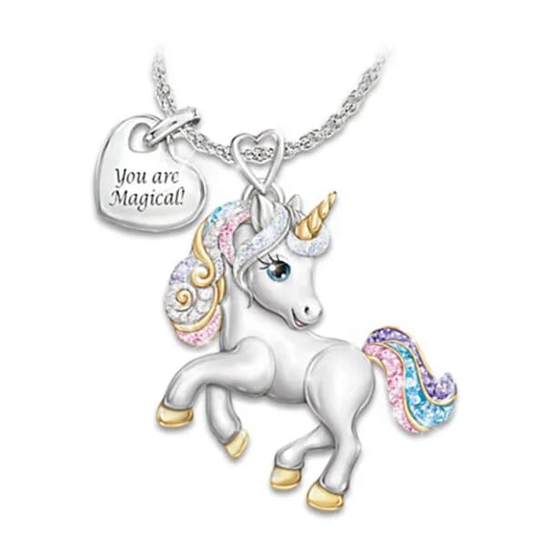 You are Magical Unicorn Halsband för kvinnor Lady Unicorn Pendant Halsband Barndagspresent Färgglad Rosa Lila och Blå Kristall Enhörning