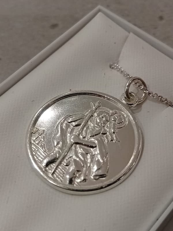 Graverad Dubbelsidig Äkta Silver Saint Christopher Protectus Hänge m Kedja