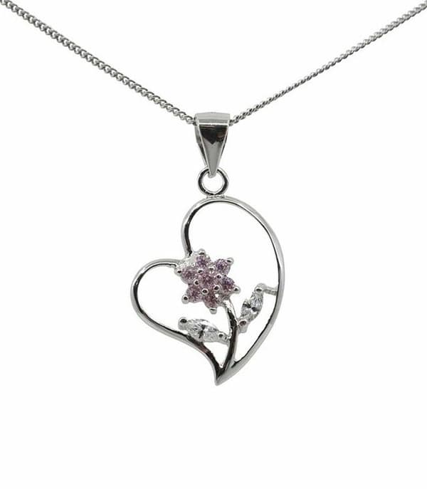 Hjärta och Blomma Halsband i äkta silver prydd m Kubisk Zirkonia
