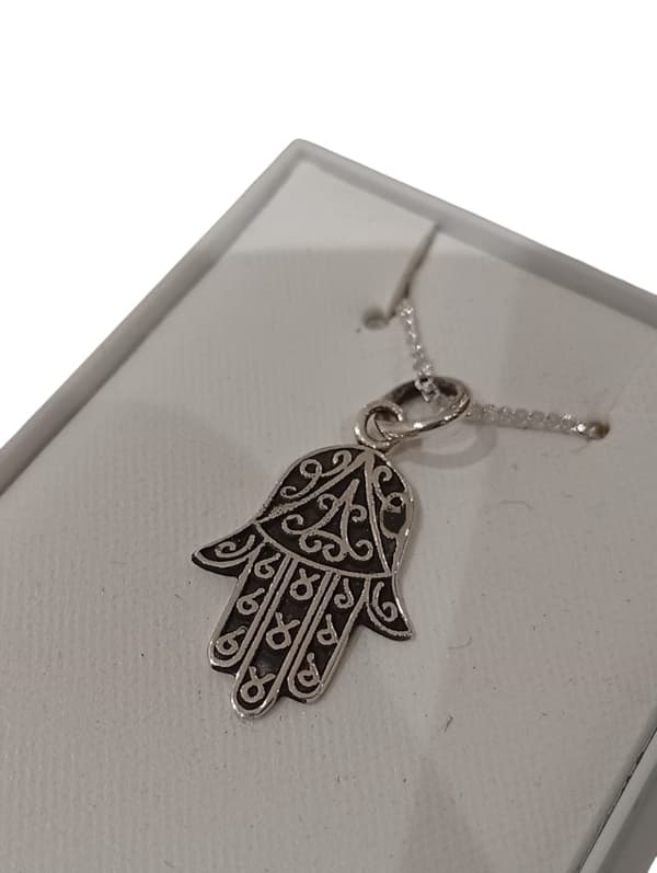 Hamsa Hand Hänge m Kedja i Äkta Silver