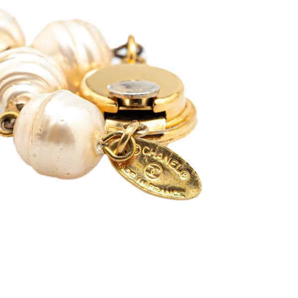 Pre-owned Chanel Gold Plated Rhinestone Faux Pearl Chain Necklace White