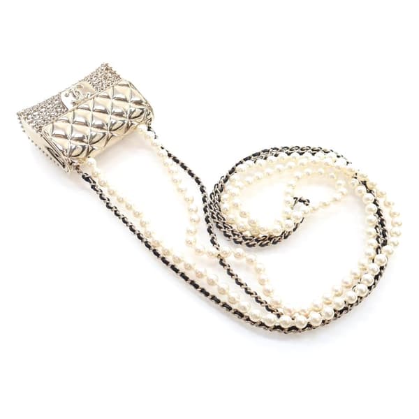 Pre-owned Chanel Chain And Faux Pearl Flap Bag Pendant Necklace Gold