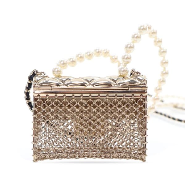Pre-owned Chanel Chain And Faux Pearl Flap Bag Pendant Necklace Gold