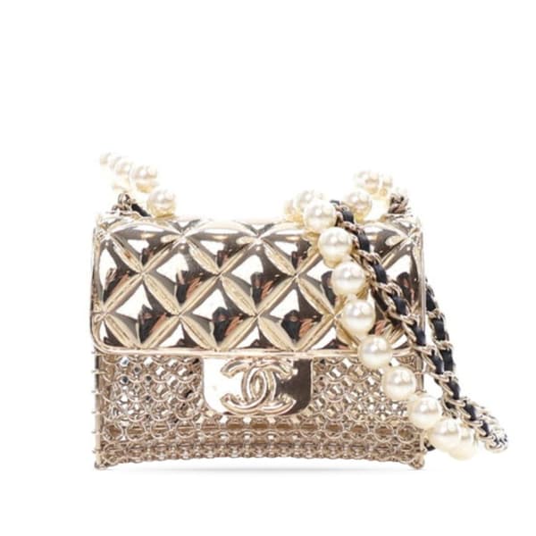 Pre-owned Chanel Chain And Faux Pearl Flap Bag Pendant Necklace Gold