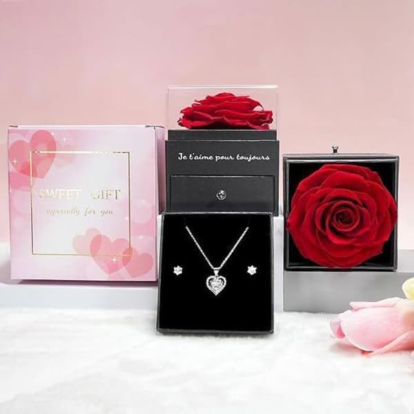 Evig Ros med Hjärta Halsband och Örhängen, Kvinna Halsband Kärlek Pärla - Present till Kvinna, Mamma, Alla hjärtans dag