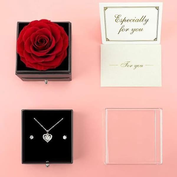 Evig Ros med Hjärta Halsband och Örhängen, Kvinna Halsband Kärlek Pärla - Present till Kvinna, Mamma, Alla hjärtans dag
