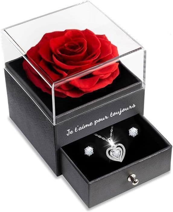 Evig Ros med Hjärta Halsband och Örhängen, Kvinna Halsband Kärlek Pärla - Present till Kvinna, Mamma, Alla hjärtans dag