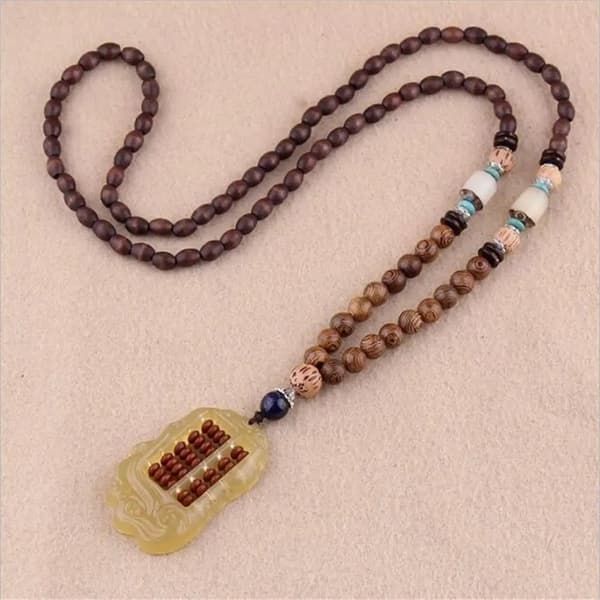 Trähalsband NEPAL BUDDHISTISK MALA Amulett PÄRLOR Handgjorda TIBET