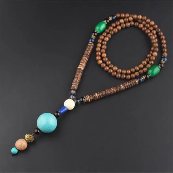 Trähalsband NEPAL BUDDHISTISK MALA Amulettpärlor Handgjorda