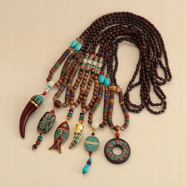 Trähalsband NEPAL BUDDHISTISK MALA Amulettpärlor Handgjorda
