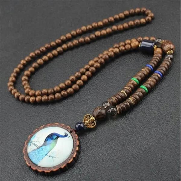 Trähalsband NEPAL BUDDHISTISK MALA Tibetansk PÅFÅGEL HANDGJORD