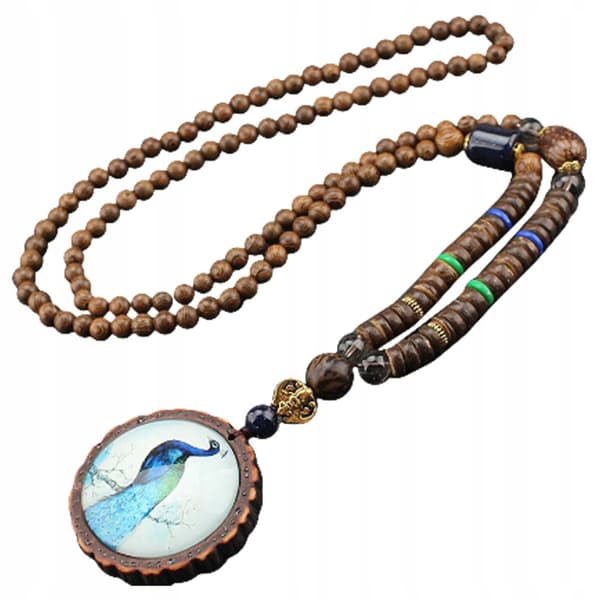 Trähalsband NEPAL BUDDHISTISK MALA Tibetansk PÅFÅGEL HANDGJORD