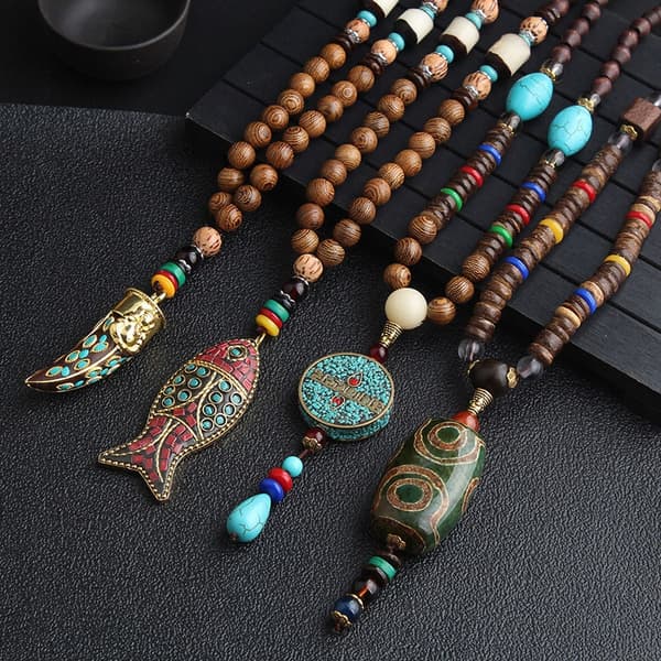 Trähalsband NEPAL BUDDHISTISK MALA Tibetansk Amulett HANDGJORD