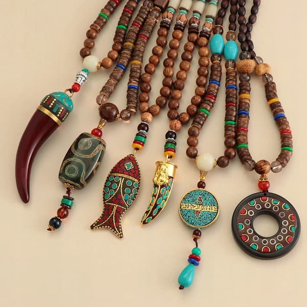 Trähalsband NEPAL BUDDHISTISK MALA Tibetansk Amulett HANDGJORD