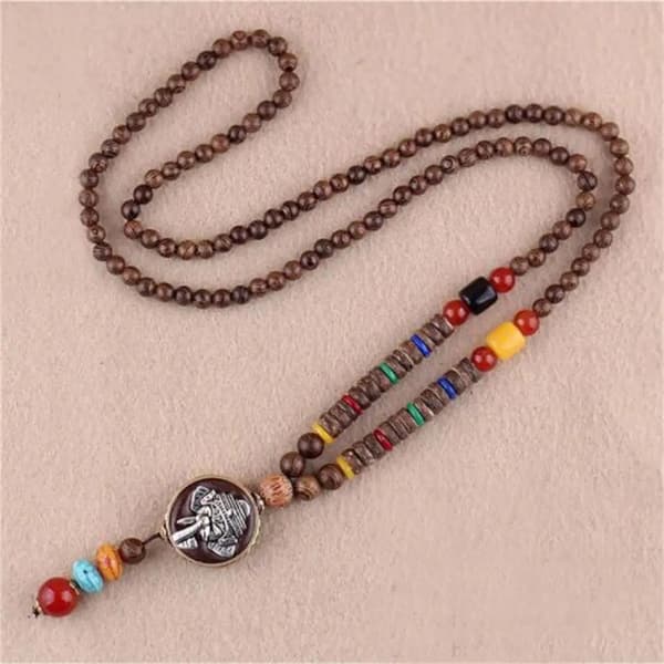 Trähalsband NEPAL BUDDHISTISK MALA Tibetansk Amulett HANDGJORD