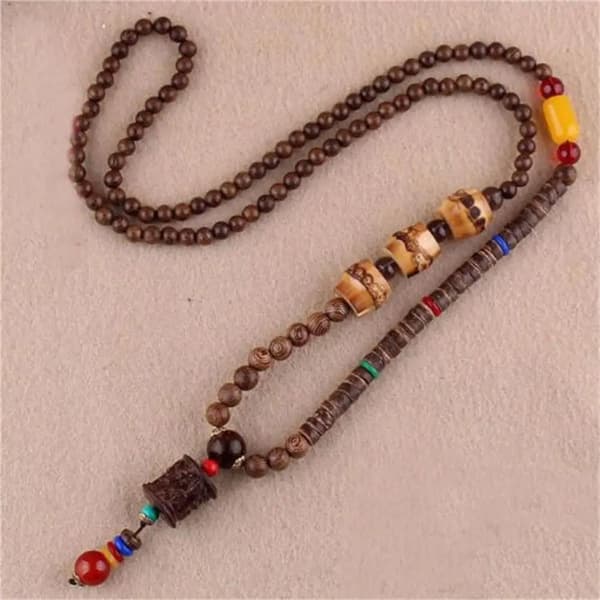Trähalsband NEPAL BUDDHISTISKT MALA-hänge TIBETANSKT HANDGJORT