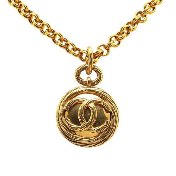 Pre-owned Chanel Gold Plated CC Round Mirror Pendant Necklace Gold