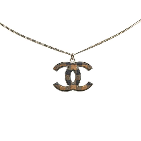 Pre-owned Chanel Silver Checkered CC Pendant Necklace Silver